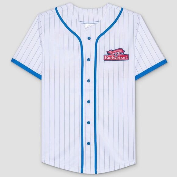 NWT- Budweiser Blue-Trimmed Striped baseball Jersey- Size large - Picture 10 of 10